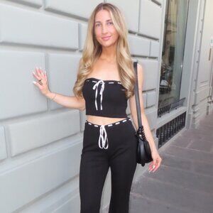 Jalie Black Ribbon Mid-Rise Flare Pants and Crop Top Shirt Set